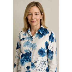 Dennis Basso Floral Button-Up Shirt Sz Med White/Blue Lace Back Eclectic Grandpa